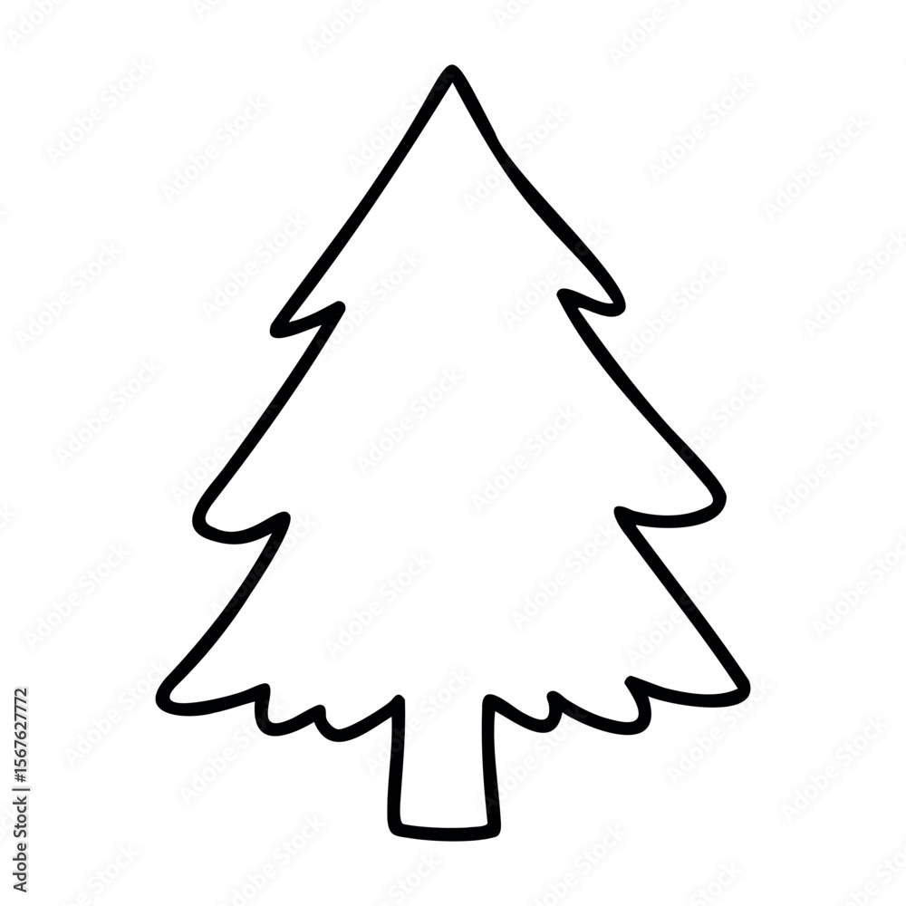 Simple outline drawing of a christmas tree with symmetrical branches. Vector hand-drawn doodle illustration