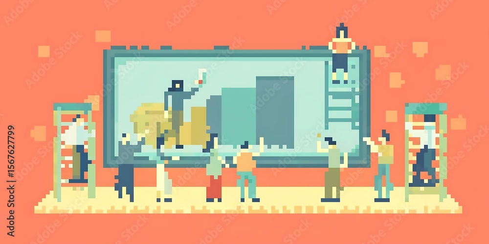 Naklejka premium A team collaborates on a data presentation during a business meeting, illustrated in pixel art.