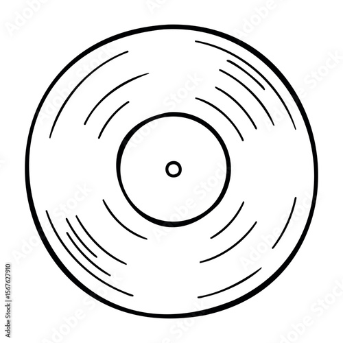 Vintage vinyl record with grooves and center label design. Vector hand-drawn doodle illustration