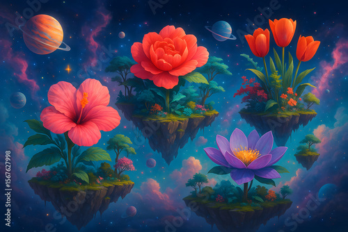 Beautiful fantasy scene of giant flowers growing on floating islands in colorful outer space with planets and stars, magical dream world..