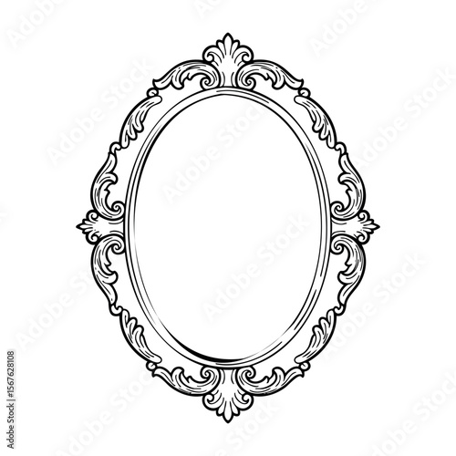 Ornate oval mirror frame with elegant baroque floral design. Vector hand-drawn doodle illustration