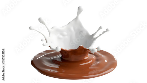 Milk and chocolate are splashing together in this 3D illustration with a clipping path, set against a white background.


