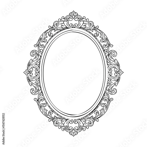 Ornate vintage oval frame with intricate baroque floral patterns. Vector hand-drawn doodle illustration