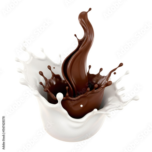 A splash of milk and chocolate blending together in a 3D illustration with a clipping path on a white background.

