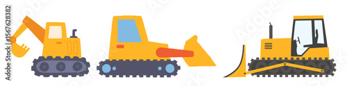 Transparent background: Essential tracked construction vehicles, including an excavator, front-end loader, and bulldozer, for heavy-duty earthmoving with a transparent background.