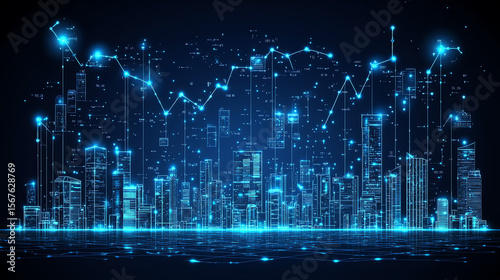 Futuristic Cityscape with Vibrant Blue Data Graph Overlay and Digital Skyline
