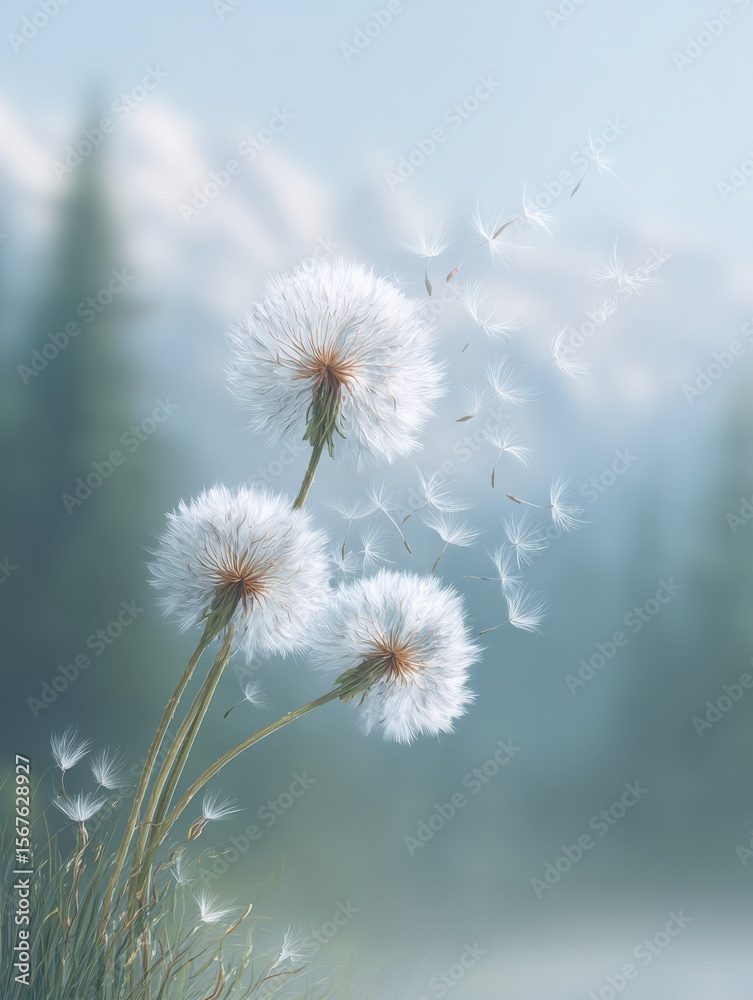 Obraz premium Close-up of dandelion flowers with delicate seeds dispersing in the wind on a misty mountain background du early morning light