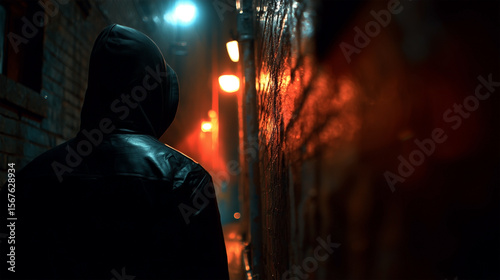A person is walking down a dark alleyway