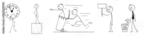 Transparent background: Stick figure business metaphors, a humorous collection illustrating time management, standing out, efficiency, protest, and waste disposal.