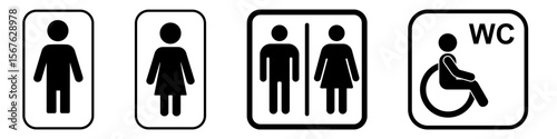 Transparent background: Public restroom signs, a clear collection of icons for men's, women's, unisex, and accessible WC facilities, perfect for navigation.