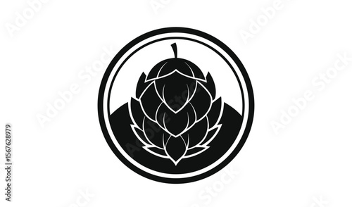 Stylized black and white hop cone emblem inside a circle on white background