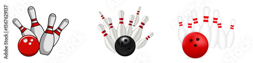 Transparent background: Bowling pins and balls in action, a dynamic set of illustrations showing a strike, a near miss, and pins falling for sports themes.