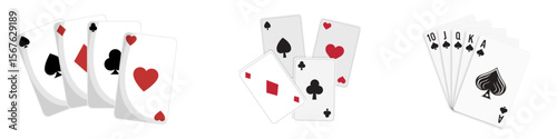 Transparent background: Playing card sets, a versatile collection of poker cards, including a flush, scattered cards, and a royal flush hand.