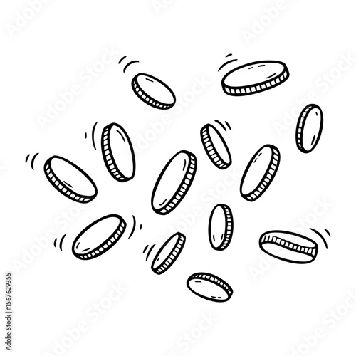 Hand-drawn sketch of falling coins with motion lines. Vector hand-drawn doodle illustration