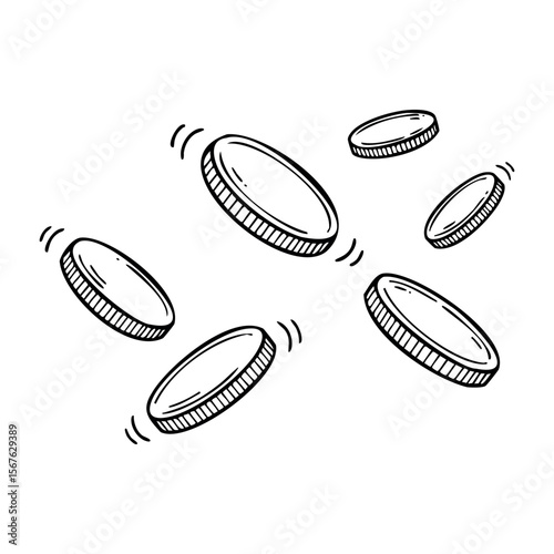 Illustration of sketched rotating coins in motion. Vector hand-drawn doodle illustration