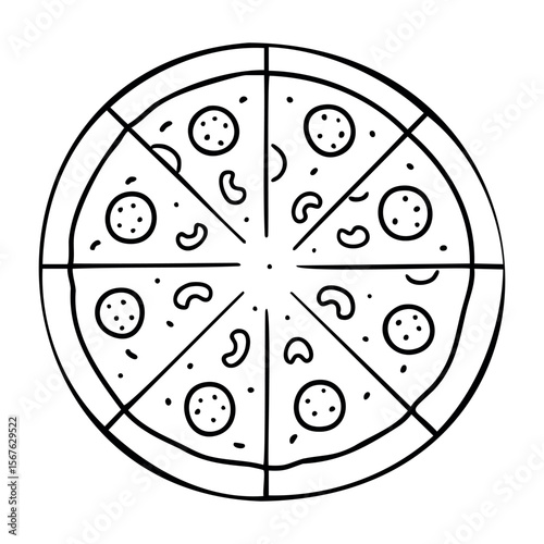 Hand-drawn pepperoni pizza outline with sliced sections. Vector hand-drawn doodle illustration