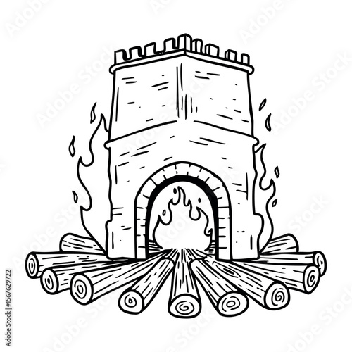 Hand-drawn medieval tower furnace with fire and wooden logs. Vector hand-drawn doodle illustration