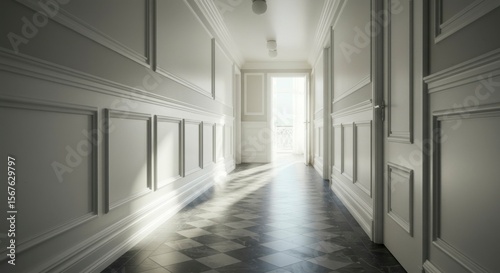 Sunlit hallway with paneled walls and checkered floor, leading to a bright exterior