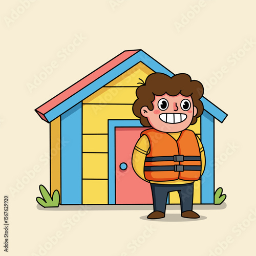 Cartoon child with curly brown hair wearing an orange life jacket and yellow shirt stands smiling in front of a bright yellow house with red door and roof, surrounded by green plants.