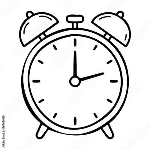 Classic vintage alarm clock with bells illustration showing 7 o'clock. Vector hand-drawn doodle illustration