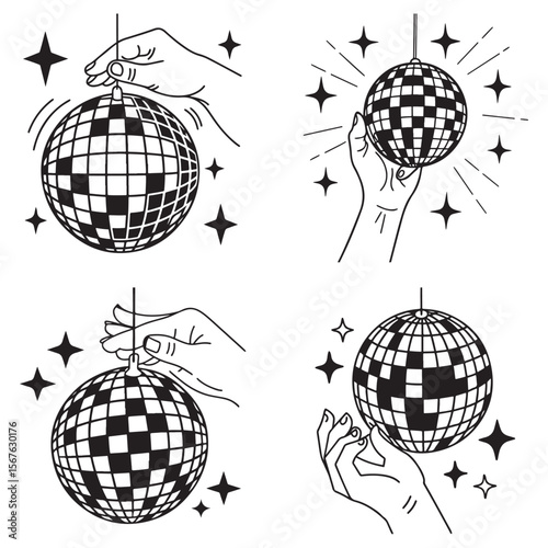 Hand holding disco ball with halftone effect and stars vector illustration.