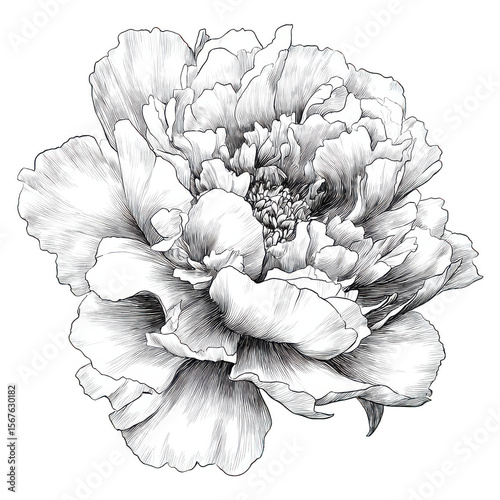 Peony flower detailed botanical illustration with delicate petals and intricate line work, showcasing natural beauty and romantic elegance in monochrome style
