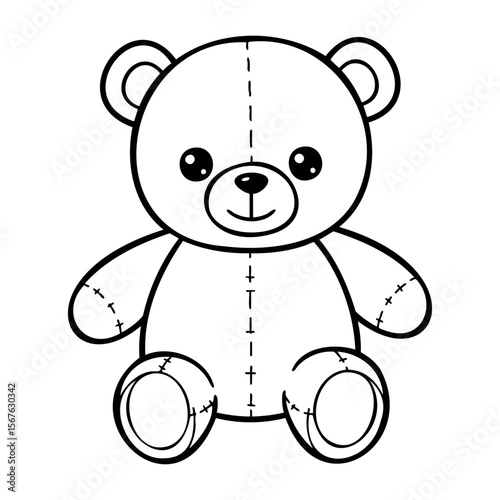 Adorable teddy bear line art illustration with stitch details. Vector hand-drawn doodle illustration