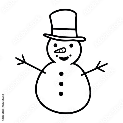 Simple snowman illustration with top hat and stick arms. Vector hand-drawn doodle illustration