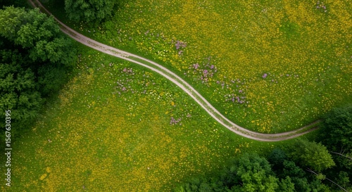 Aerial view of a winding dirt road through a vibrant green meadow, bordered by trees.