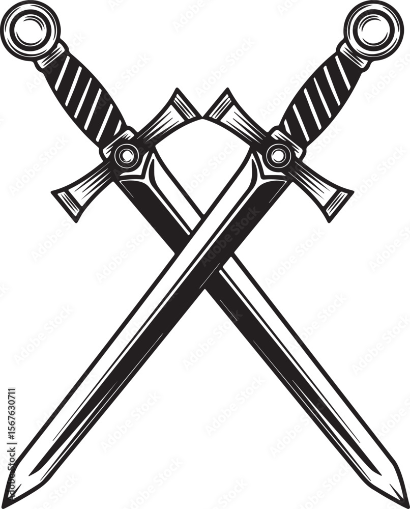 A set of sword symbols in a dynamic star and cross pattern, a captivating vector design