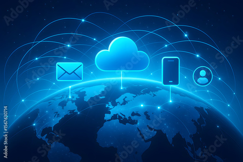 Illustration of a glowing cloud network connecting email, mobile, and user icons worldwide over Earth with bright blue lines and data nodes..