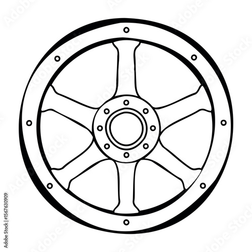 Vintage cart wheel outline with detailed spokes and rim design. Vector hand-drawn doodle illustration