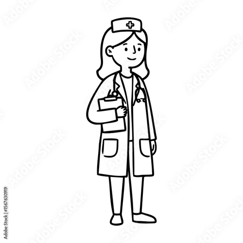 Female nurse illustration with medical uniform and clipboard. Vector hand-drawn doodle illustration