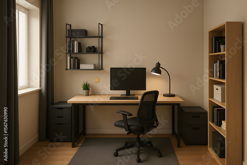 Stylish minimalist home office interior with desk, computer, black chair, lamp, bookshelf and window light creating a calm productive work environment..