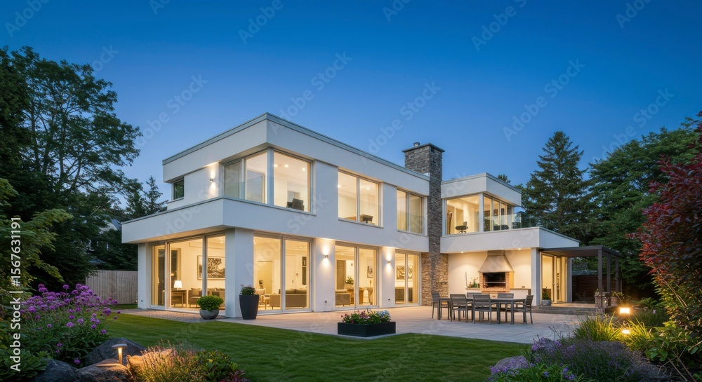 Fototapeta premium Modern home with expansive windows, outdoor patio, and lush landscaping at twilight
