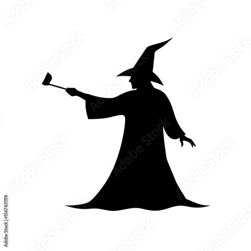 Powerful Black Silhouette Wizard Casting Spell Side View Fantasy Character