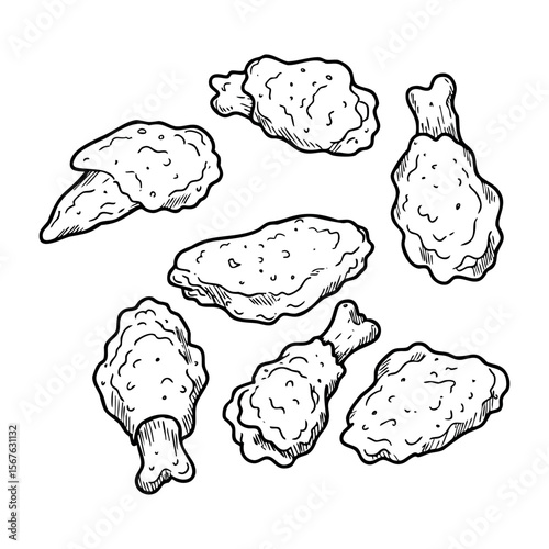 Hand-drawn sketch of delicious crispy fried chicken pieces. Vector hand-drawn doodle illustration