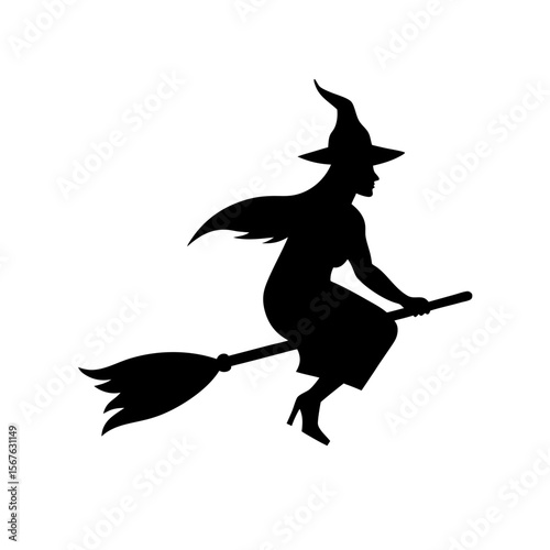 Flying Black Silhouette Witch on Broomstick Side View Halloween Character
