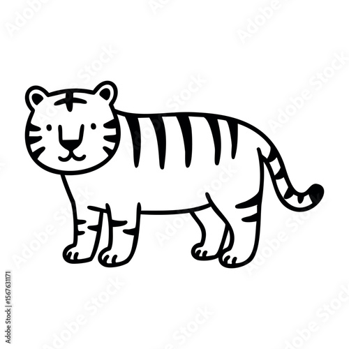 Cute illustrated tiger with stripes in simple cartoon style. Vector hand-drawn doodle illustration
