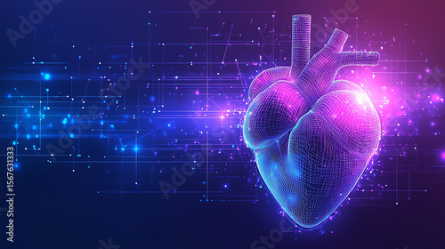 Futuristic Digital Wireframe Human Heart with Glowing Effects 