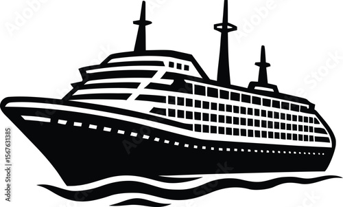 Stylized black and white illustration of a large cruise ship sailing on wavy water