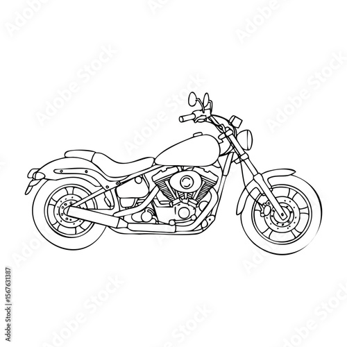Outline of a cruiser motorcycle side view for coloring. Vector hand-drawn doodle illustration