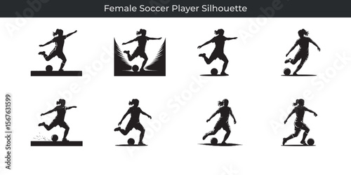 Eight dynamic silhouette illustrations of female soccer players in action kicking and dribbling the ball