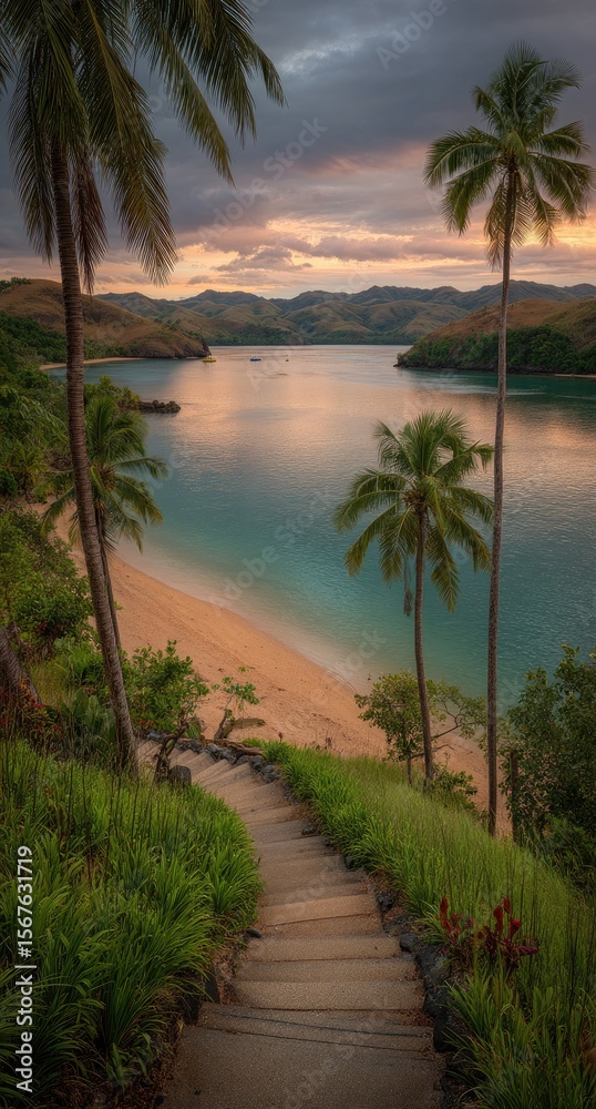 Tropical beach vista at dawn. Steps descend to a pristine shoreline Tropical beach vista at dawn. Steps descend to a pristine shoreline
