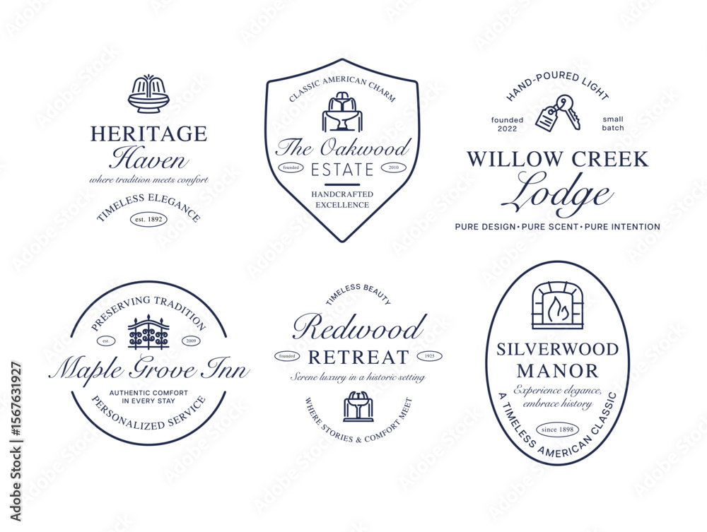 Obraz premium A set of hotel logos that showcase distinctive elements and aesthetics, reflecting each establishment s commitment to tradition, comfort and exceptional service in the hospitality industry.