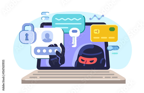 Computer hacking, vulnerabilities and stealing secure data. Hacker steals usernames and passwords from internet