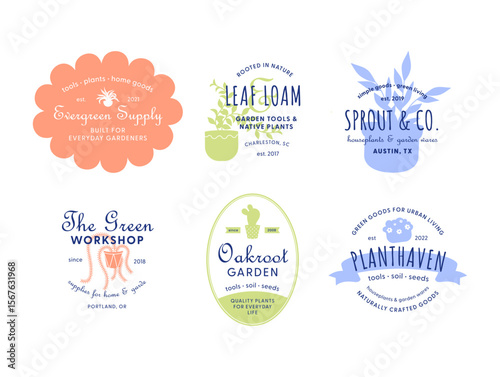 A set of logos for plant stores offering gardening tools, seeds and native plants in a unique corporate style