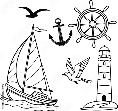 Nautical icons featuring a sailboat anchor lighthouse ship wheel and flying seagulls