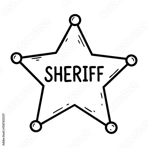 Sheriff badge outline with stencil font in black and white. Vector hand-drawn doodle illustration