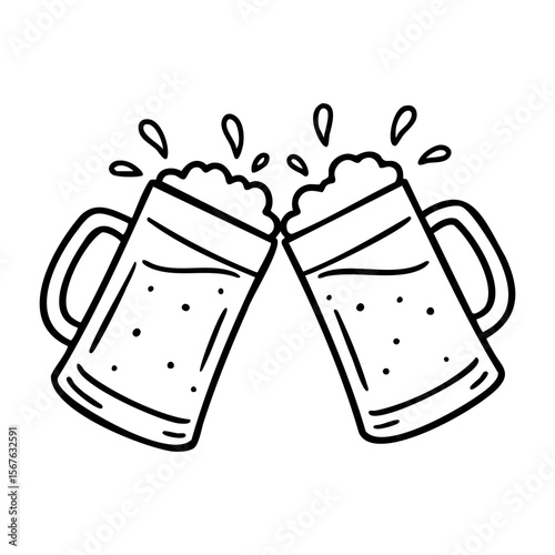 Two beer mugs clinking with foam splashing in celebration illustration. Vector hand-drawn doodle illustration
